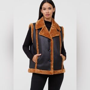 French Connection Women's Black and Brown Faux Fur Trim Vest